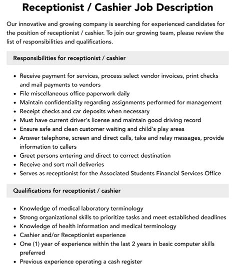 Job Description Cashier/Receptionist/ Lotteries Officer.